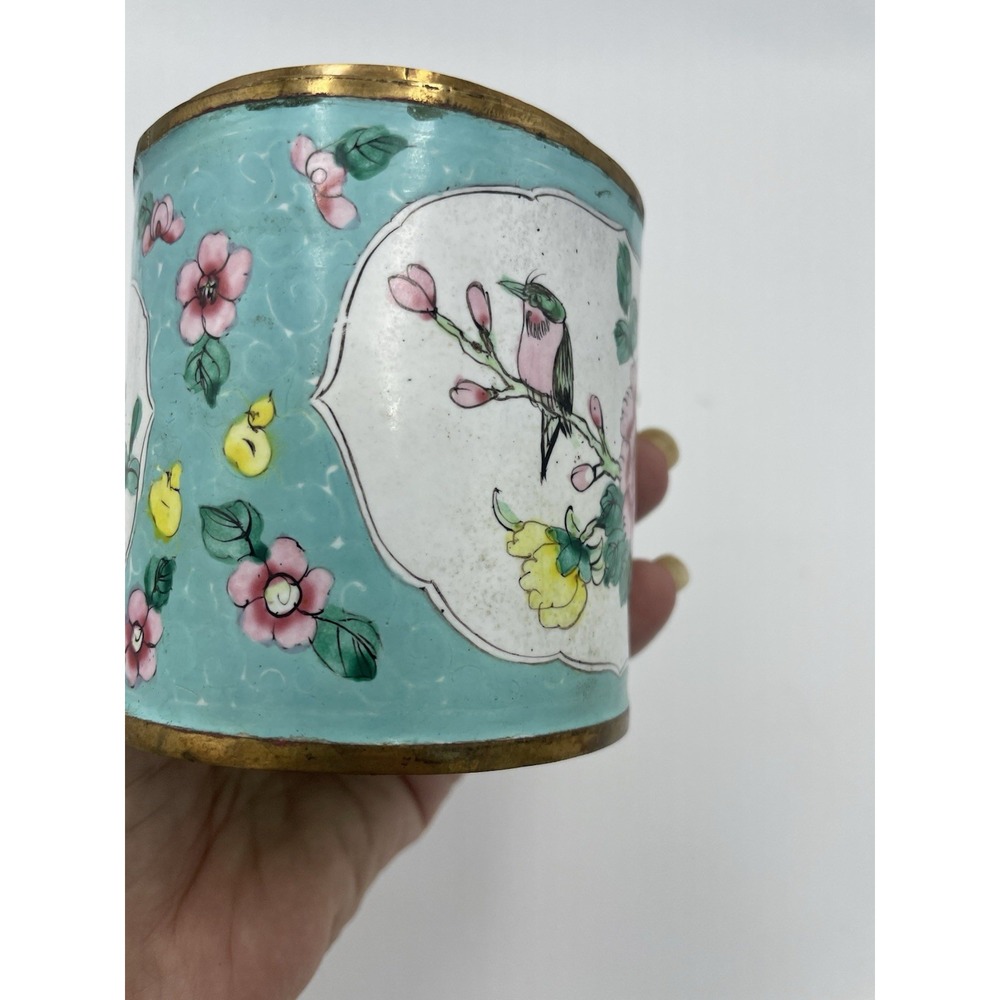 Antique Chinese Canton Enamel Round Lidded Tea Caddy Hand-Painted Birds Flowers - Picture 10 of 13